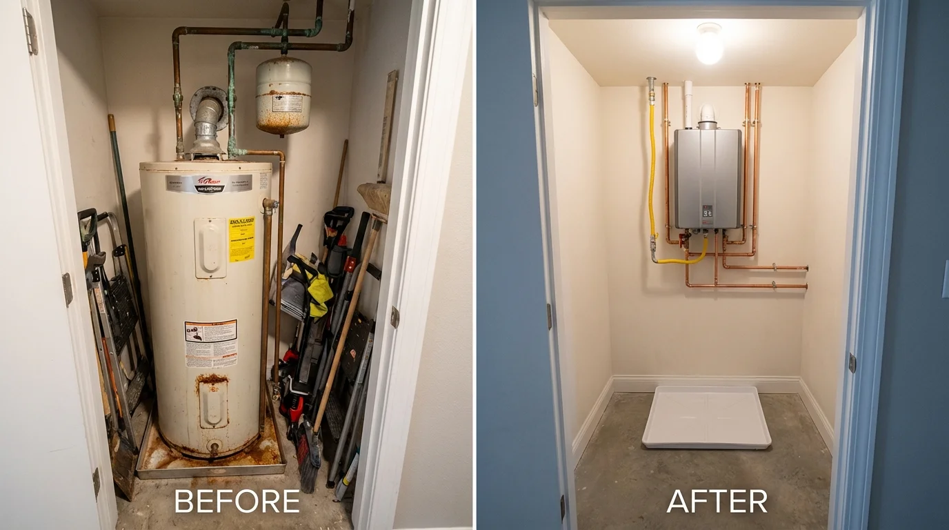 Tank water heater versus wall-mounted tankless unit comparison for Central City, PA homeowners
