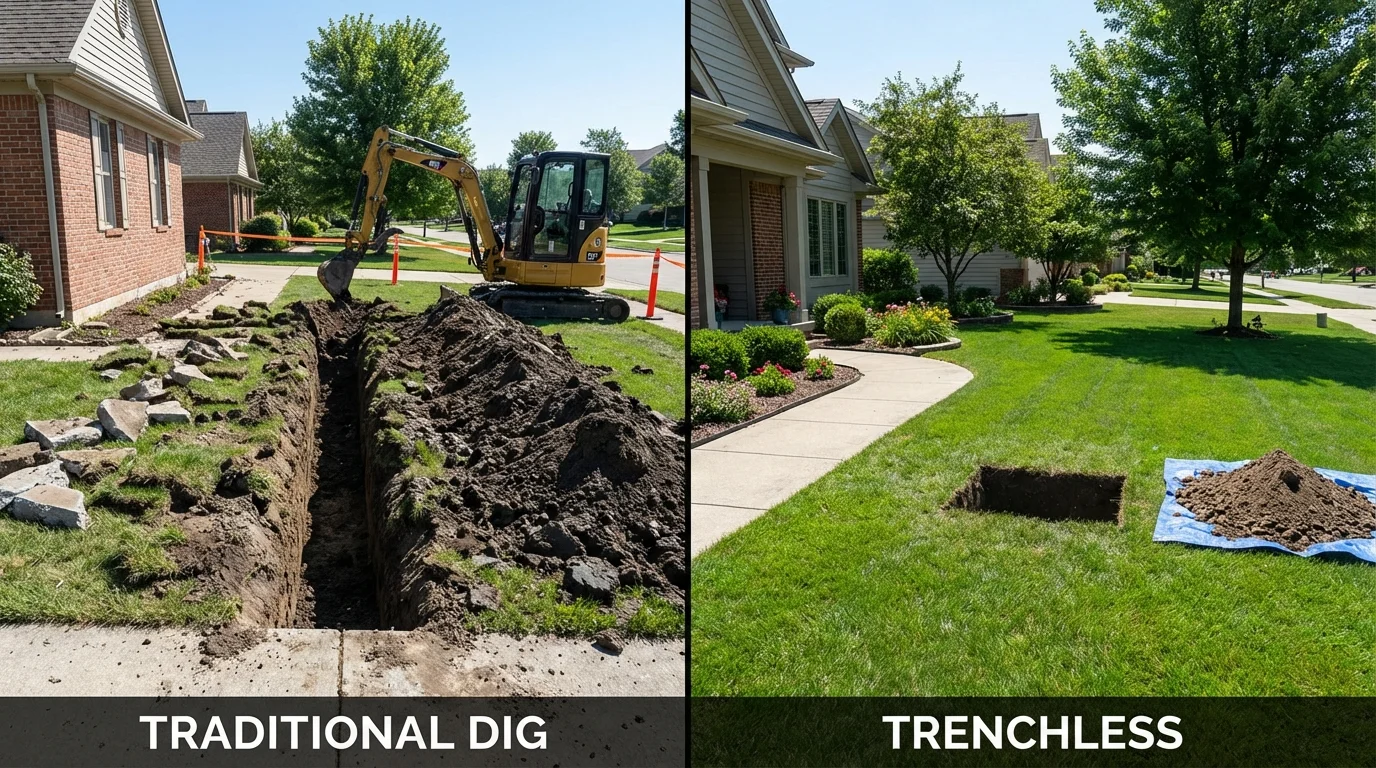 Trenchless sewer repair with minimal yard damage versus traditional excavation in Central City, PA