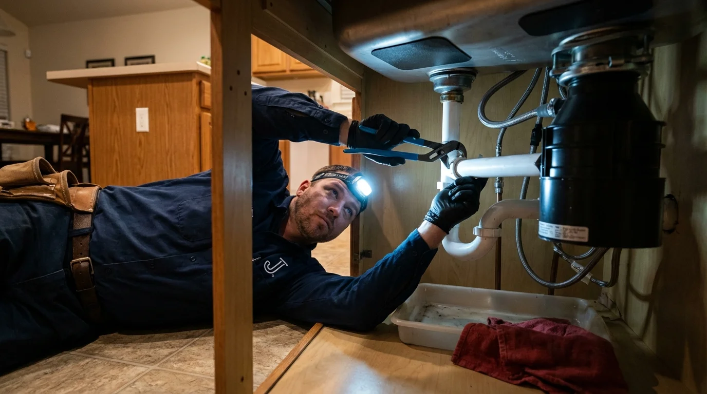 P-trap and supply line connections under a kitchen sink showing a common leak point in Central City, PA